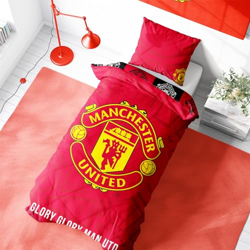 Character World Manchester United Single Duvet Cover Set, Crest Design | Red Reversible 2 Sided Football Bedding Cover Official Merchandise Including Matching Pillow Cases