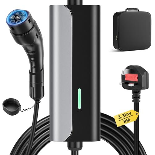 EV Charger Cable Type 2 to 3 Pin Plug, 8M 13A 3.3kW Electric Car Charger Portable 3 Pin EV Charger, Type 2 Charging Cable 3 Pin IP67/IP54 Waterproof with LED Indicator, EV Car Charger for EVs & PHEVs