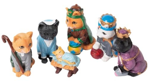 CAKEEYUM Katzen Krippenset, 6 teilig, Simulation Einer Katzenkrippe, lustige Halloween Dekoration, Krippe, Kunstharzskulptur, Krippentiere für Sammlerstücke, Dekoration, Krippe, Katzen Krippenset