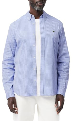 Lacoste Men's Regular Fit Checked Cotton Shirt, White/Overview, Medium