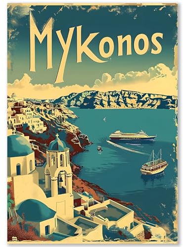 Happymotive Mykonos Poster Deko Schlafzimmer Vintage | Wanddeko & Wandbilder Wohnzimmer | Aesthetic Room Decor | Bilder als Kunstdrucke in DIN A2, DIN A3, DIN A4 300g Papier ohne Rahmen