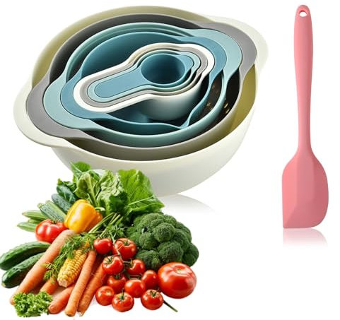8 Piece Plastic Mixing Bowls Set, Compact Food Preparation Set with Mixing Bowls, Colander, Sifter, Measuring Cups for Kitchen Cooking Baking, Nesting Bowls for Space Saving made from Eco- Friendly ma