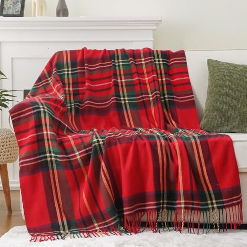 BATTILO HOME Christmas Red Plaid Throw Blanket for Bed, 127x152cm | Super Soft Warm Red Checkered Blanket with Tassels, Christmas Decorative Tartan Check Chair Sofa Settee Throws