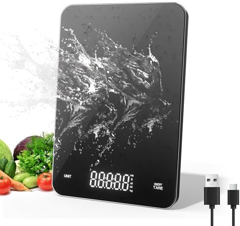 OBEST Wiederaufladbare Digitale Küchenwaage, 5kg/0.1g Küchenwaage elektronische, Gehartes Glas Wiegeplattform, Haushaltswaage Back- & Kochwaage, Schwarz