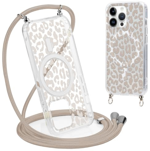 Coalbooliy Handykette Handyhülle für iPhone 14 Pro Hülle 6,1 mit Band Cover Kompatibel mit Magsafe, Transparent Aesthetic Leopard Muster Cover mit Kordel zum umhängen Case Stoßfest, 01