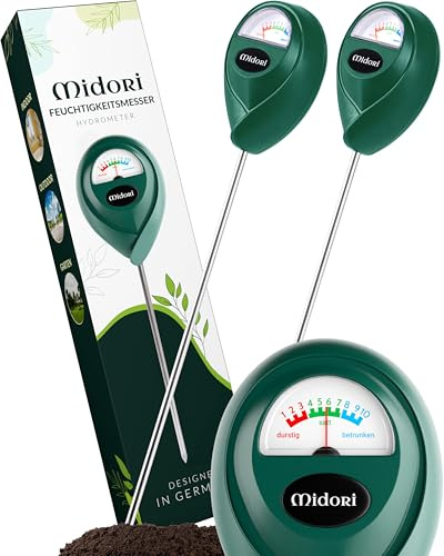 Midori Boden-Feuchtigkeitsmesser für Pflanzen | 2 Stück, Extra langes Messgerät Feuchtigkeitsmessgerät in Grün 40cm Gesamtlänge mit 31,2cm langer Edelstahl-Sonde