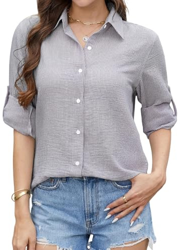 Enmain Bluse Damen Langarm Gestreift Bluse Elegant Baumwolle Lila Leinenbluse Damen Lässige Business Casual Büro Hemdbluse, XL