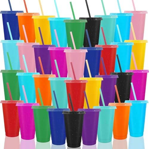 ASMIZ 36 pièces gobelets réutilisables en plastique avec couvercle et paille – gobelets 710 ml colorés et pailletés pour smoothie, café glacé, eau, fête, anniversaire, voyage – 12 couleurs assorties