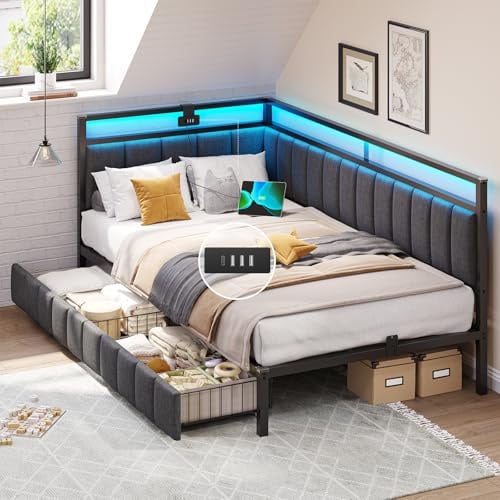 DICTAC Canapé lit 90 x 190 avec éclairage LED et Prise USB,Cadre de Lits 90x190 avec Sommier à Lattes en métal,Lit Banquette Lits Coffre Lit Enfant avec 2 tiroir de Rangement,Gris Foncé-sans Matela