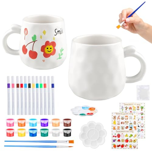 YPLonon Paint Your Own Mug Creative Pottery Painting Cup at Home | DIY Painted Ceramic Cup Set with Ceramic Paint 2 Color Pigment Brushes and 12 Marker Pen Paintable Coffee Mug for Kids Adults