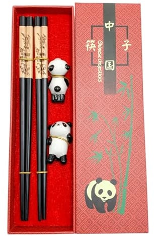2 Pares Palillos de Chinos de Categoría Superior y Soporte de Cerámica en Forma de Panda con Caja de Valor, Chopsticks Reutilizables, Juego de Regalo para Sushi, Noodles