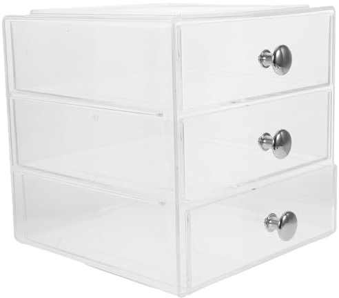 IWOWHERO Transparente 3 lagige Schubladenbox aus Acryl mit Silbernem Griff Stapelbarer Make Up und Schreibtisch Organizer für Kosmetik Schmuck und Bürobedarf