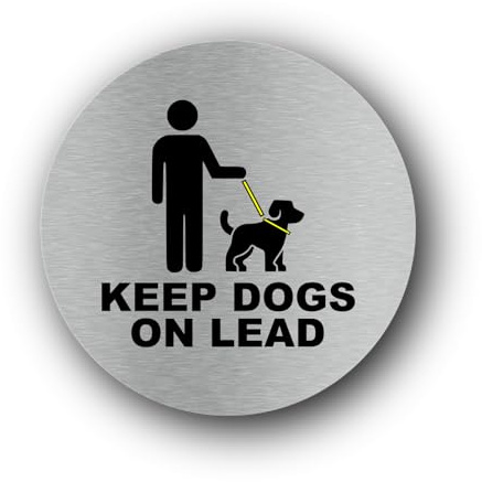 Keep Dogs on Lead Sign – 9.5x9.5cm Brushed Aluminium, Weatherproof, Self-Adhesive