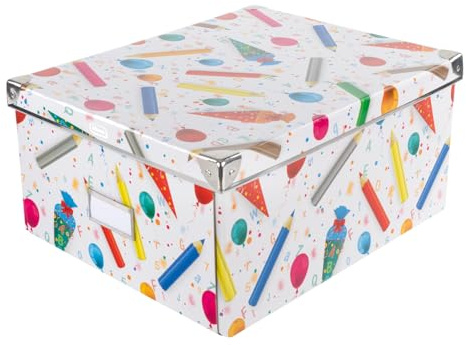 Idena 20225 - Aufbewahrungsbox mit Deckel, Motiv Schule, ca. 35 x 28 x 17 cm, Aufbewahrungskorb aus festem Karton mit verstärkten Kanten aus Metall, inkl. Beschriftungsfeld