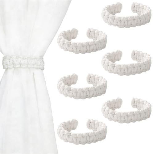 Moling 6 Stück Elegant Vorhang Raffhalter in Geflochten Leinen,Gardinenhalter Gardinenband Vorhanghalter Deko Schlafzimmer (Weiß)