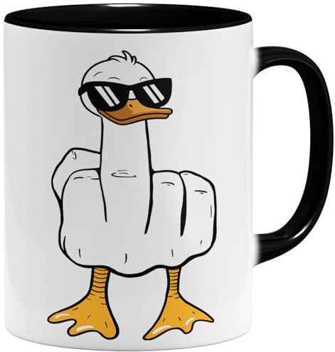 OM3® Freche Mittelfinger Ente Kaffee-Tasse mit Spruch - Sarkastische Spruchtasse mit Ironie Statement - Keramik Becher - 325ml - Beidseitig Bedruckt - Schwarz