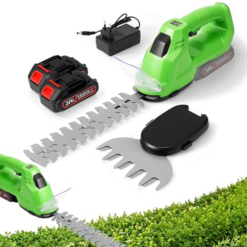 Forbici per erba e arbusti a batteria, 2 in 1, 21 V, con tagliaerba da 19 cm, lama da 10 cm, 25000 giri/min, 2 batterie da 1,5 Ah, caricabatterie, durata circa 60 minuti, per giardino e prato