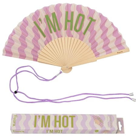 Fisura – Original “I’m H*t” Message Folding Fan, Modern and Colourful Folding Handheld Fan, Lilac Wave Design for Wedding, Rave, Festival - Includes Strap. Size: 42.5 x 23 cm