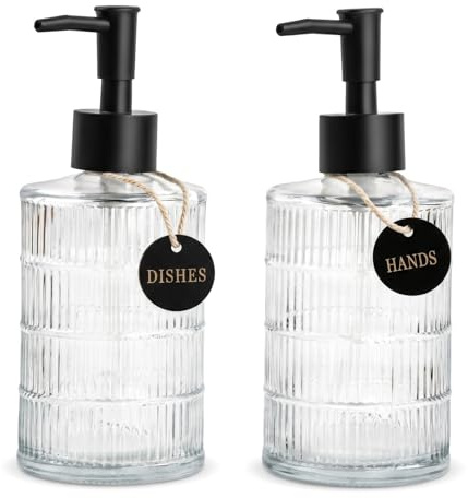 2Pcs Distributeur Savon Verre Transparent 350ml avec Pompe Noire et Étiquettes(HANDS & DISHES) - Flacon Pompe Rechargeable pour Salle de Bain et Cuisine - Distributeur Liquide Vaisselle et Savon Mains
