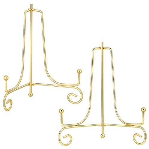 Tyqour 2pcs Gold Plate Stands for Display 6 Inch Iron Easel Display Stands Holder Folding Plate Holder for Displaying Art Picture Photo Book Home Decoration