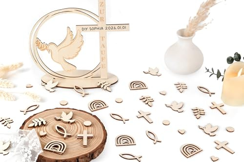 Taufdeko Set – Holz Tischdeko Zur Taufe + 64 Streudeko Holzfiguren (Fisch, Taube, Regenbogen, Kreuz U.v.m. Taufelemente) – Für Jungen & Mädchen Zur Tauffeier