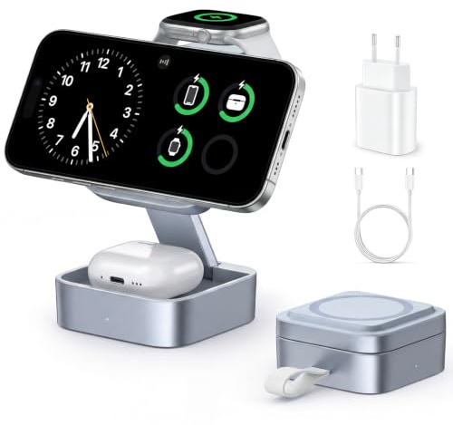 Stazione di ricarica 3 in 1 per Apple, caricatore wireless magnetico pieghevole con Mag-Safe per serie iPhone 17e/17/16/15/14/13/12/Air, Apple Watch e Pods Pro/4/3/2 (Blu argento)