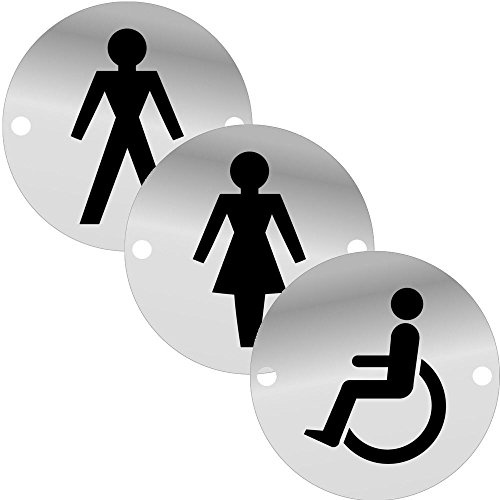Dzina 3Pc Toilet Door Sign Set 75mm Screen Printed SAA Male Female Disabled (Pack of 3 sets)