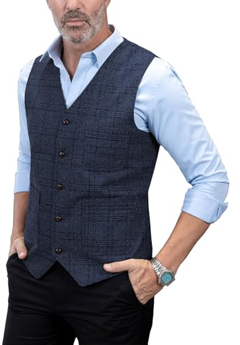 Solove-Suit Herren Casual Freizeit AnzugWeste Plaid Tweed Slim Fit Weste for Hochzeits-Trauzeugen(Navy,XL)