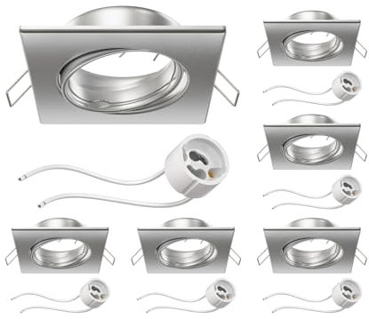 ledscom.de 6 Stück Deckeneinbaurahmen RIR Einbaurahmen chrom matt eckig schwenkbar (LED/Halogen/GU10/MR16/PAR16/50mm) inkl. GU10 Fassung