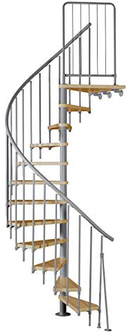 ATRIUM Spindeltreppe Presto, Grau, Geschosshöhe 271,4-313,5 cm, Durchmesser 140 cm, 11 Holzstufen + Podest, Metallgeländer mit PE Handlauf, EOTA Zertifikat