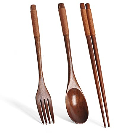 YWJFASHION 3 unids Conjunto de Estilo de Madera de Cuchara con Palillos y Tenedor, vajilla Creativa de Sushi, vajilla de Sushi para Viajes Familiares (Color : Khaki Line)