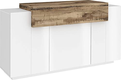 Dmora - Kommode Renzo, Küchen-Sideboard mit 4 Türen, Wohnzimmer-Buffet, 100 % Made in Italy, 140 x 45 x 86 cm, glänzendes Weiß und Ahorn,