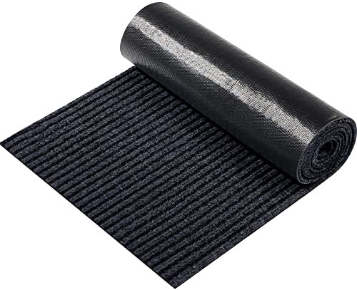 A Roll Large Semi-Finished Striped Door Mat Waterproof Entry Mat with Rubber Lining, Indoor and Outdoor Rug for Wet Weather, Entrance Shoe Scraper, Kitchen, Bathroom (15.8 x 78.8 Inch, Dark Black)