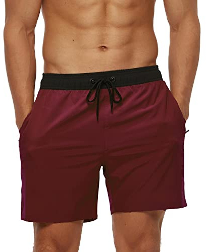 Aisprts Maillot de Bain Homme Short de Bain avec Poches Zippées Short de Plage Extensible à Séchage Rapide pour Homme avec Cordon de Serrage et Doublure Intérieure en Maille, T2 Noir + Bordeaux, L