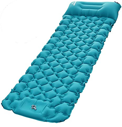 Isomatte Camping Selbstaufblasend mit Fußpresse Pumpe,Ultraleicht Outdoor Aufblasbare Wasserdicht Camping Isomatte,Faltbar Camping Luftmatratze mit Kissen,Schlafmatte für Wandern,Reisen,Strand Blau A