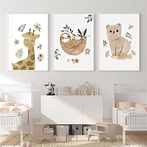 Sarah Duke Poster Kinderzimmer Beige, 3er Set Cartoon Tiere Leinwandbilder Kinderposter, Boho Wandbilder für Junge und Mädchen, Ohne Rahmen (40 x 50 cm)