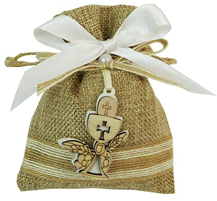Bomboneras Comunión Bolsa de yute Colgante Madera Cáliz Ostia