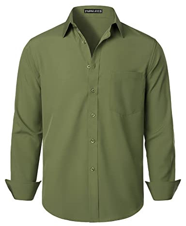 PARKLEES Men's Regular Fit Dress Shirt Solid Wrinkle-Free Long Sleeve Casual Business Button Up Shirts with Pocket PZSSCL05-Army Green M