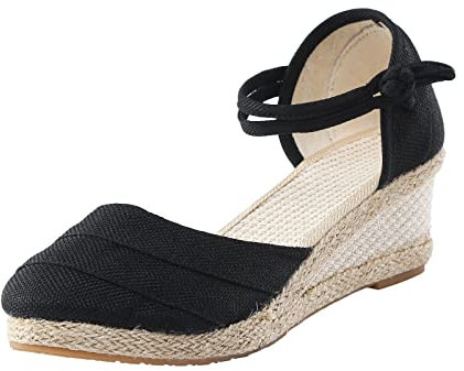 Alueeu Sandalias Mujer Verano 2023 Cuña Comodas Alpargatas Zapatos Casual Hebilla Fiesta Clásica Elegantes con Pala Cerrada Exterior Forrada de Yute Romano Sandalias de Playa, 02 Negro, 37 EU