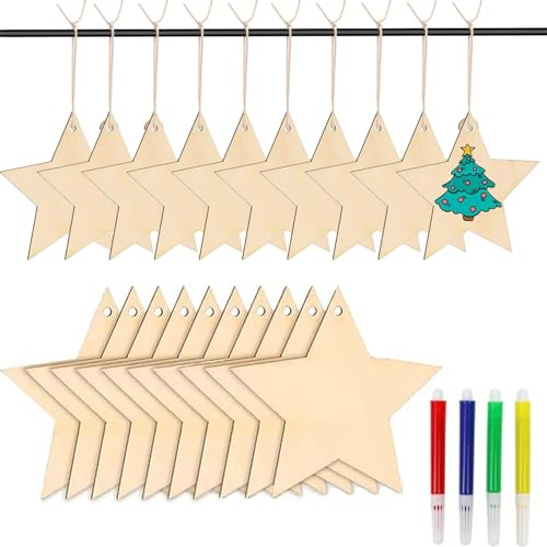 36 Stück Weihnachten Holzsterne zum Basteln Bemalen Christbaumschmuck Holz mit Juteseil & Marker,Weihnachtsbaumschmuck Holzanhänger Sterne Holz zum Aufhängen Weihnachtsdeko