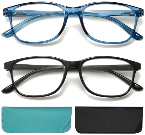 AJYADO Lesebrille Herren Damen Rechteckig Lesebrillen Mit Blaulichtfilter Brillen 2-Pack Schwarz & Blau 1,25+