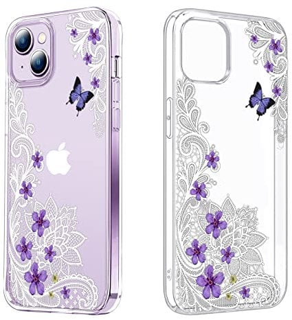 DiyGody White Lace Case for iPhone 14 Plus Clear with Design Purple Flowers Butterfly Pattern Soft TPU Slim Shockproof Protective Phone Cover Compatible with iPhone 14 Plus 6.7 Inch for Women Girls