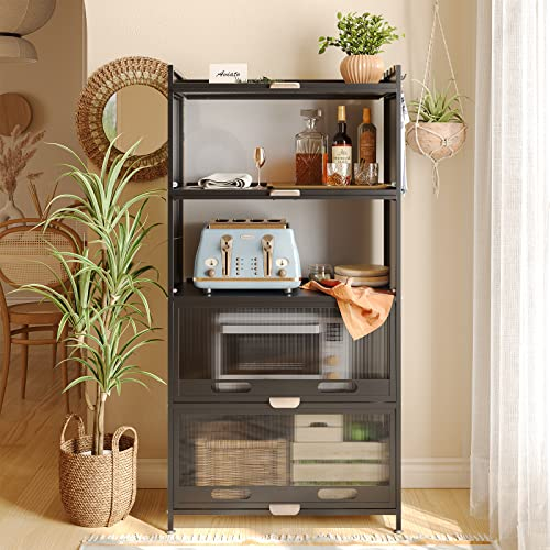 NETEL Kitchen Cupboard,5 Tier Kitchen Cabinets with Wheels and Flip Door,Bakers Rack, Pantry Cupboard,Kitchen Storage Rack,Kitchen Storage Unit,kitchen cabinets free standing,70×32×145 cm(Black)