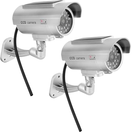 Madlife Garage 2 pcs Silber Alarmanlage Haus Attrappe Dummy Solarbetriebene Kamera Überwachung Aussen Fake Kamera Attrappe Außenbereich mit Realistischem Rotem Blinklichtsensor und Warnaufkleber