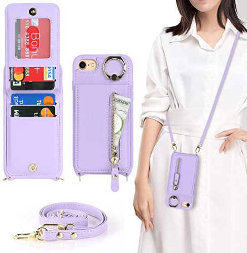CAVOR Handykette iPhone 7/8/SE 2020/SE 2022 Hülle Mit Band,Flip Leder Geldborse Handyhülle,[4 Kartenfach][Mit Ring Stander],Klapphülle Handyhülle mit Umhängeband - Lila