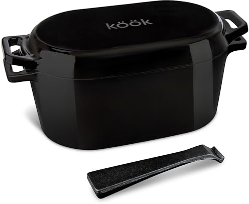 KooK Dutch Oven, Oven for Sourdough Bread Baking, with Lid, Dual Handles, Enameled Cast Iron, includes Lid Lever, Great for Baking Bread, Cooking and Roasting, Dishwasher Safe, 3.4 Qt, Black