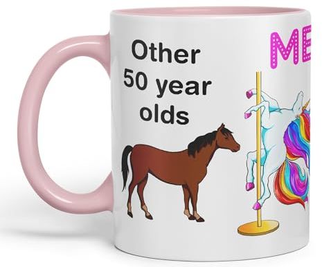 Vixar Mug coloré Pole Dance Licorne 50e anniversaire et autres 50 ans 330 ml Cadeau Travail Bureau Thé Café (Rose)