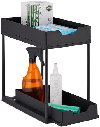 Relaxdays Debajo del Lavabo con 2 Niveles Organizador Bajo Fregadero, 2 Estantes, Extensible, 37x22x40 cm, Productos de Limpieza Cocina y Baño, Negro