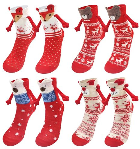 beifon 4 Paar Magnetische Weihnachtssocken für Damen & Herren, Hand in Hand Socken Magnet Weihnachten, 3D Lustige Christmas Socks Paar Socken mit Magnetarmen Freundschaftssocken Händchenhaltend