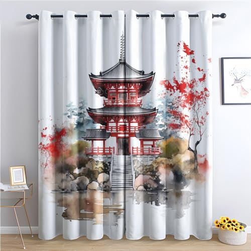 zcwl Rideau Occultant Bâtiment Japonais, Asiatique Japon Motif Rideaux Thermiques à Oeillets, Rideaux Imprimé pour Salon Chambre Fenetre Moderne Décoration, 110x215 cm (L x H), Lot de 2
